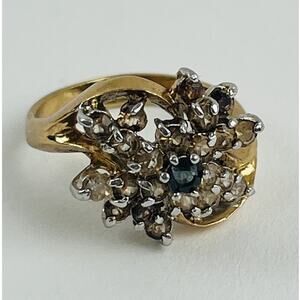 18K HGE Vintage Flower Cocktail Cluster Rhinestone Ring Size 7 citrine look blue